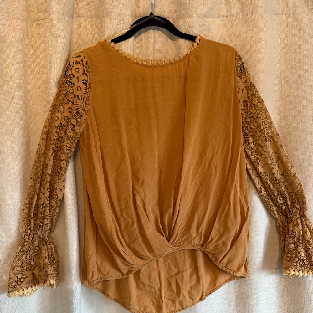 Entro Lace Sleeve Twist Front Blouse in Tan